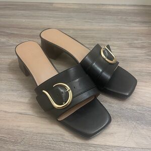 Aerosoles Black Leather Slide Sandals with Gold Buckle